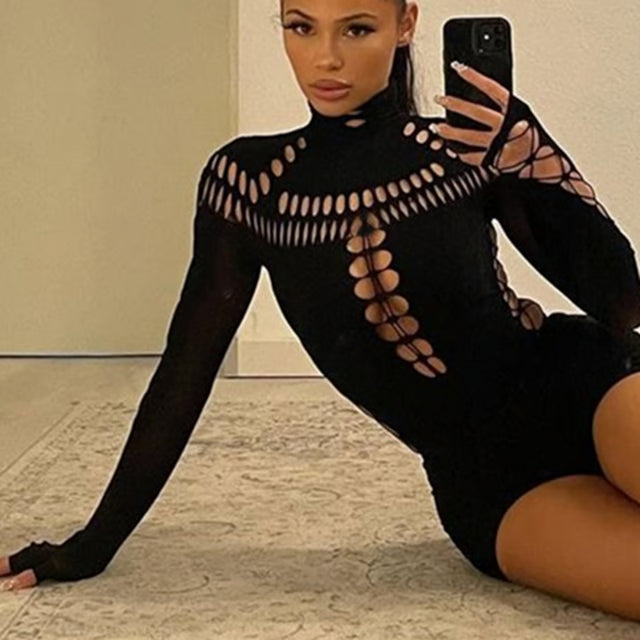 Gothic Punk Streetwear Bodysuit, Sexy Hollow Out High Collar, Bodycon Long Sleeves T Shirt for Women