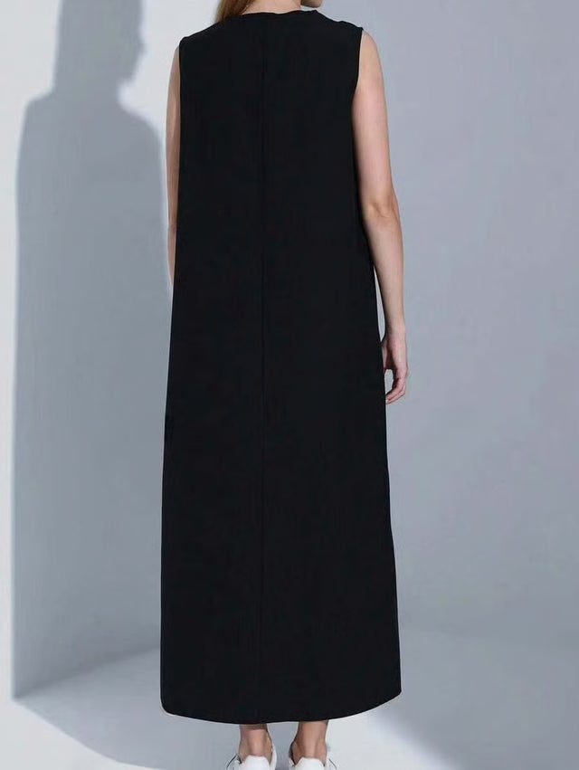 Women Dress Casual Vest Loose Draped Straight Skirt Round Neck