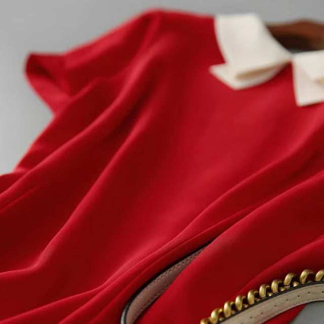 Elegant Red A Line Dress Doll Collar Slim Fit Women Dress Soft Vintage Style Red Dress