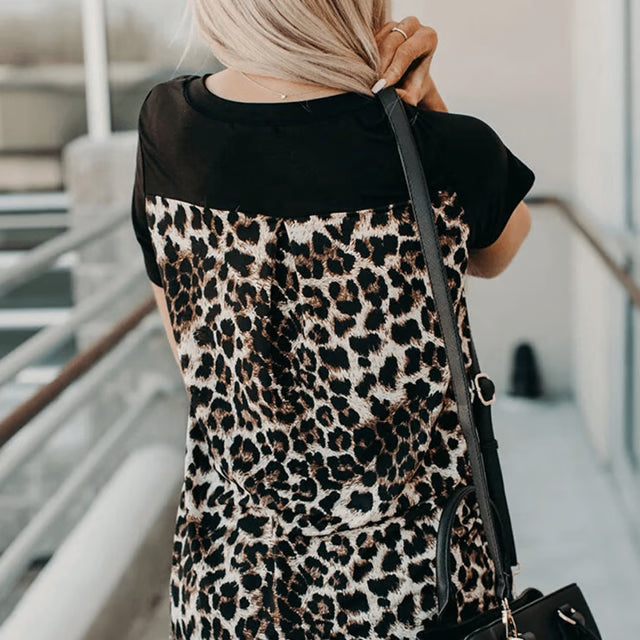 Short Sleeve V Neck Leopard Pocket Tee