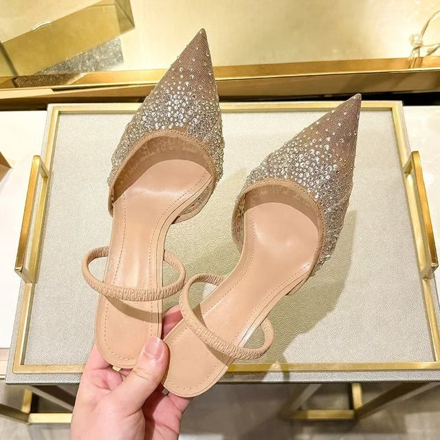 Womens Luxury Designer Rhinestone Mesh Heeled Sandals, Sexy Pointed Toe Slingbacks, Thin High Heels, and Elegant Dress