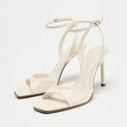 Elegant Black Patent Leather Ankle Strap High Heels, Sexy Square Toe Heeled Sandals for Womens Summer Parties & Office