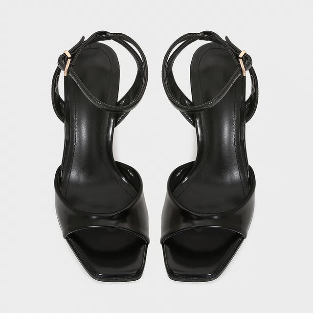 Elegant Black Patent Leather Ankle Strap High Heels, Sexy Square Toe Heeled Sandals for Womens Summer Parties & Office