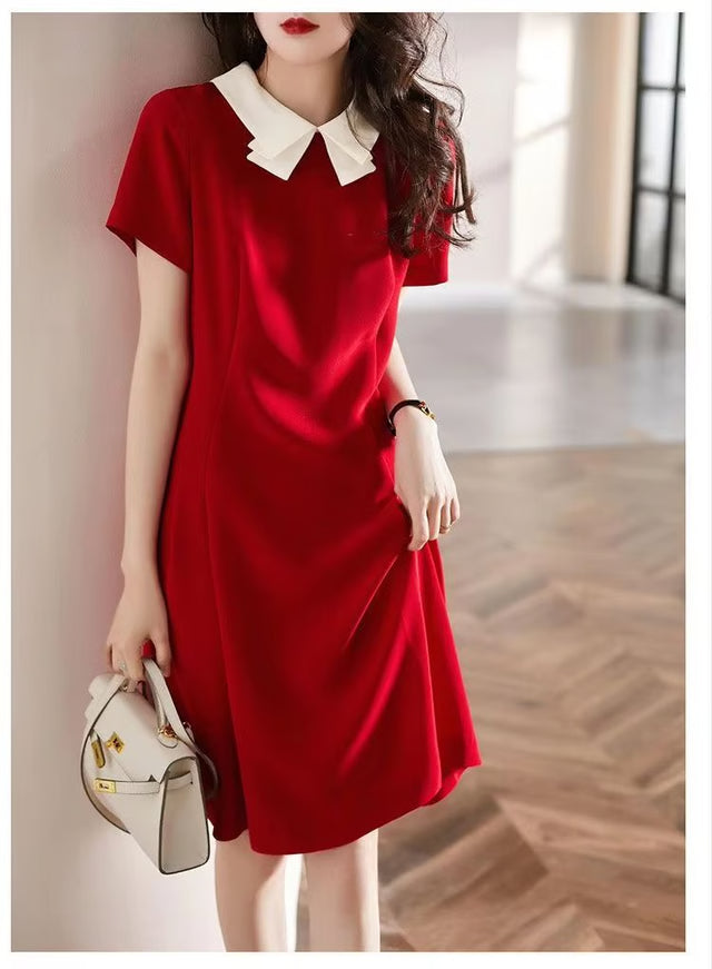 Elegant Red A Line Dress Doll Collar Slim Fit Women Dress Soft Vintage Style Red Dress