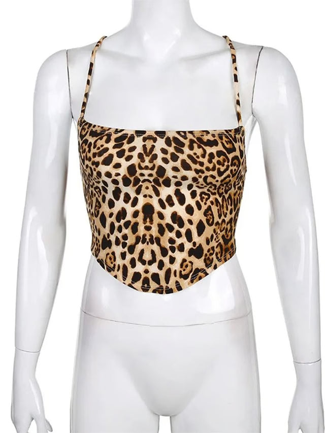 Leopard Pattern Backless Cross Lace Up Crop Tank Top For Women