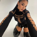 Gothic Punk Streetwear Bodysuit, Sexy Hollow Out High Collar, Bodycon Long Sleeves T Shirt for Women