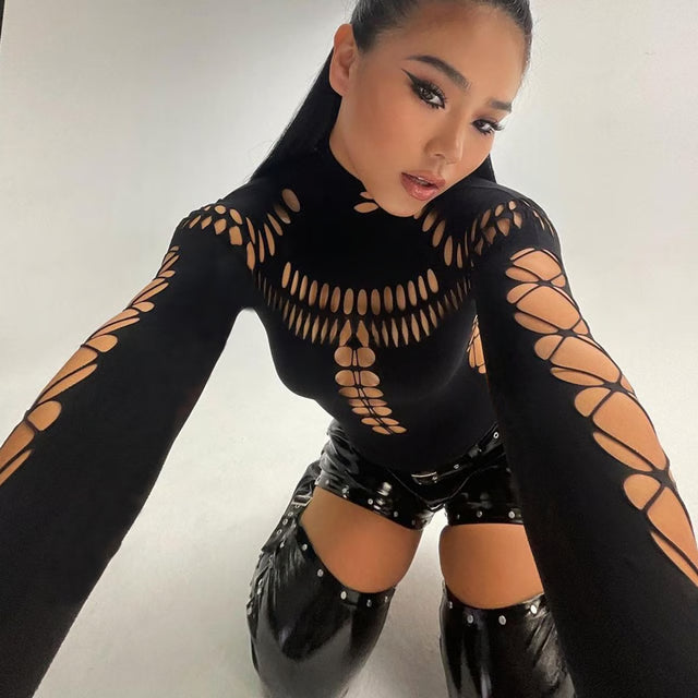 Gothic Punk Streetwear Bodysuit, Sexy Hollow Out High Collar, Bodycon Long Sleeves T Shirt for Women