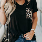 Short Sleeve V Neck Leopard Pocket Tee