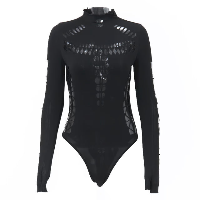 Gothic Punk Streetwear Bodysuit, Sexy Hollow Out High Collar, Bodycon Long Sleeves T Shirt for Women