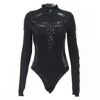 Gothic Punk Streetwear Bodysuit, Sexy Hollow Out High Collar, Bodycon Long Sleeves T Shirt for Women