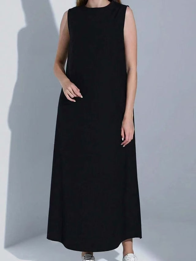 Women Dress Casual Vest Loose Draped Straight Skirt Round Neck