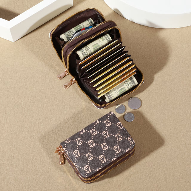 Vintage Zippered Card Holder Wallet for Women, Secure Multi-Card Slots, Fashionable Faux Leather with Coin Purse