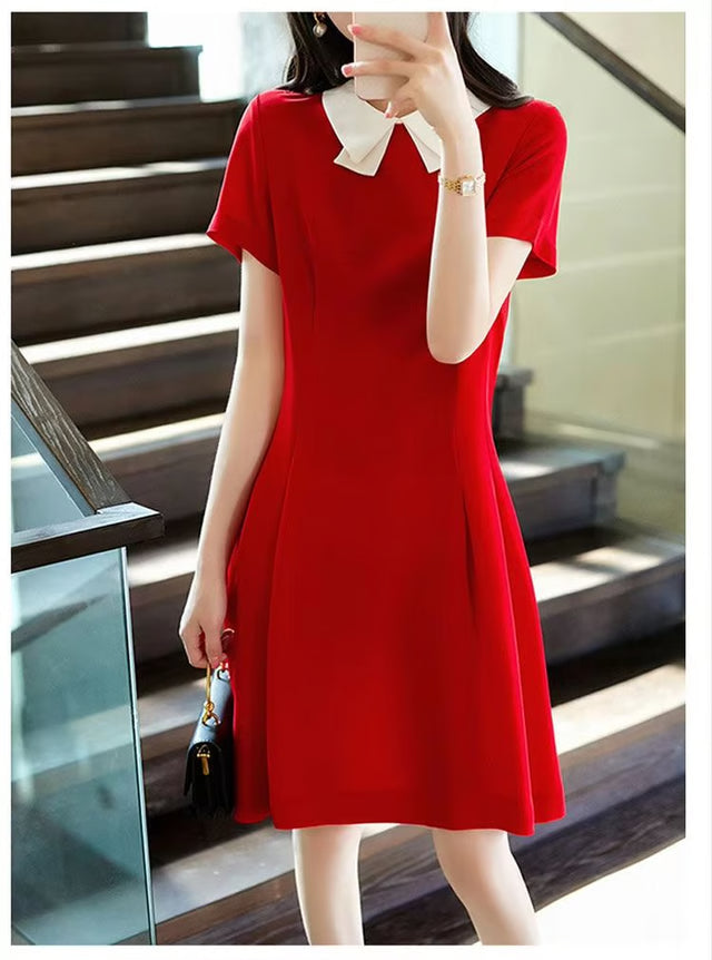 Elegant Red A Line Dress Doll Collar Slim Fit Women Dress Soft Vintage Style Red Dress