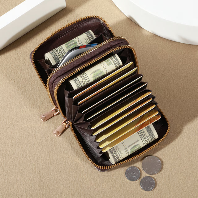 Vintage Zippered Card Holder Wallet for Women, Secure Multi-Card Slots, Fashionable Faux Leather with Coin Purse