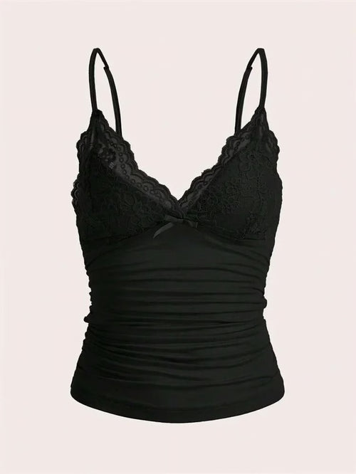 Contrast Lace Bow Front Crop Cami Top for Women