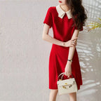 Elegant Red A Line Dress Doll Collar Slim Fit Women Dress Soft Vintage Style Red Dress