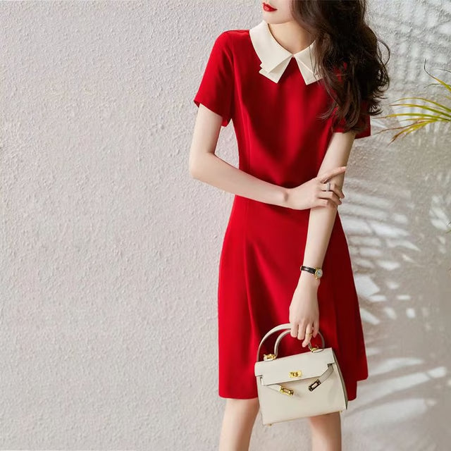 Elegant Red A Line Dress Doll Collar Slim Fit Women Dress Soft Vintage Style Red Dress