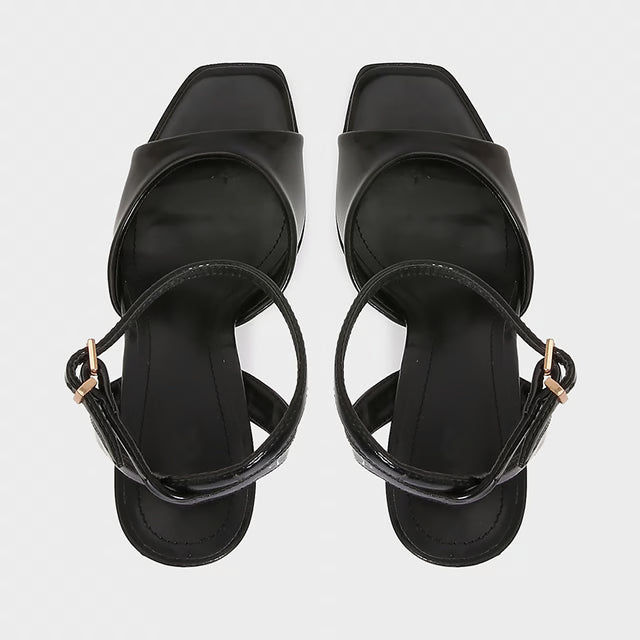 Elegant Black Patent Leather Ankle Strap High Heels, Sexy Square Toe Heeled Sandals for Womens Summer Parties & Office