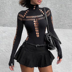 Gothic Punk Streetwear Bodysuit, Sexy Hollow Out High Collar, Bodycon Long Sleeves T Shirt for Women