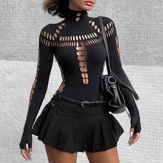 Gothic Punk Streetwear Bodysuit, Sexy Hollow Out High Collar, Bodycon Long Sleeves T Shirt for Women