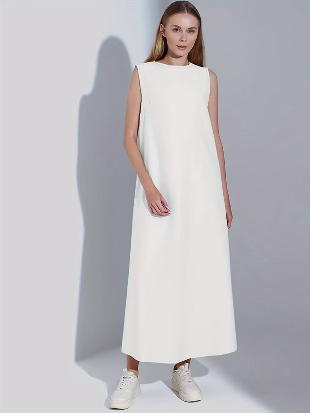 Women Dress Casual Vest Loose Draped Straight Skirt Round Neck
