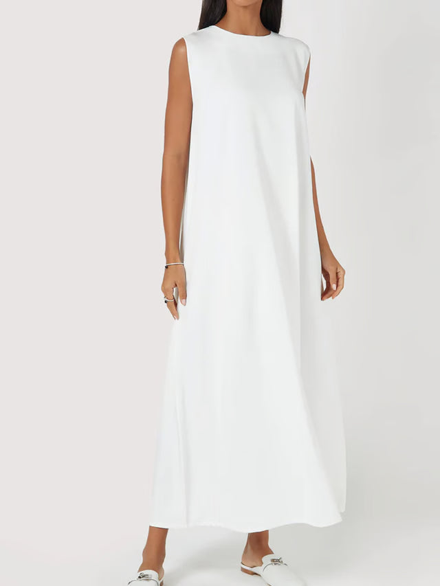 Women Dress Casual Vest Loose Draped Straight Skirt Round Neck
