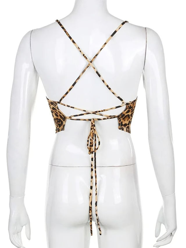Leopard Pattern Backless Cross Lace Up Crop Tank Top For Women
