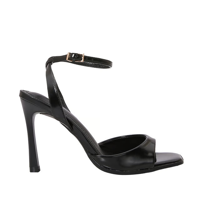 Elegant Black Patent Leather Ankle Strap High Heels, Sexy Square Toe Heeled Sandals for Womens Summer Parties & Office