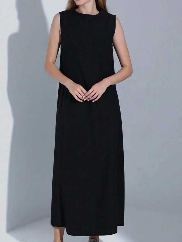 Women Dress Casual Vest Loose Draped Straight Skirt Round Neck