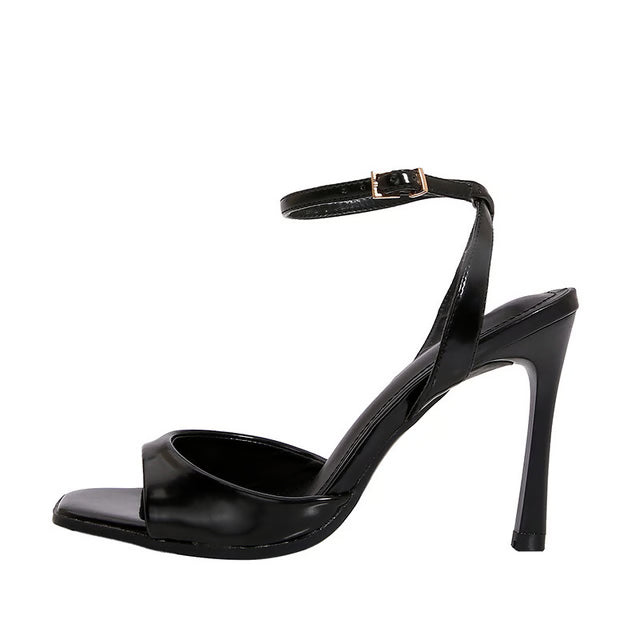 Elegant Black Patent Leather Ankle Strap High Heels, Sexy Square Toe Heeled Sandals for Womens Summer Parties & Office