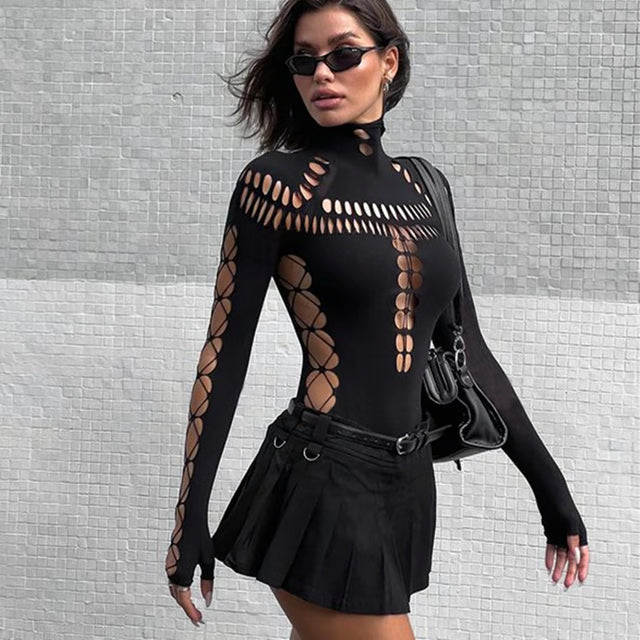 Gothic Punk Streetwear Bodysuit, Sexy Hollow Out High Collar, Bodycon Long Sleeves T Shirt for Women