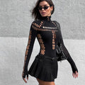 Gothic Punk Streetwear Bodysuit, Sexy Hollow Out High Collar, Bodycon Long Sleeves T Shirt for Women