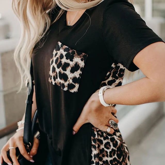Short Sleeve V Neck Leopard Pocket Tee